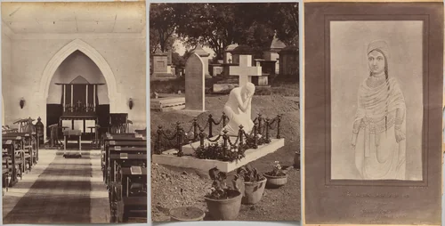 Interior of Church, Neemuch (recto, right); Grave of Dr. Falwasser, Neemuch (recto, left); Indian Lady 250 BC (verso, right) by Raja Deen Dayal, photograph, 1877-1892
