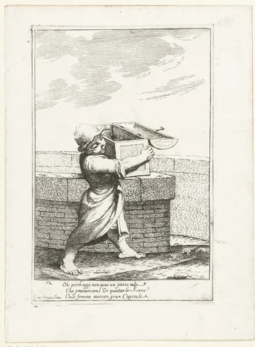 Bertoldino gooit zijn geldkist in de vijver by Giuseppe Maria Crespi, print, 1710-1715