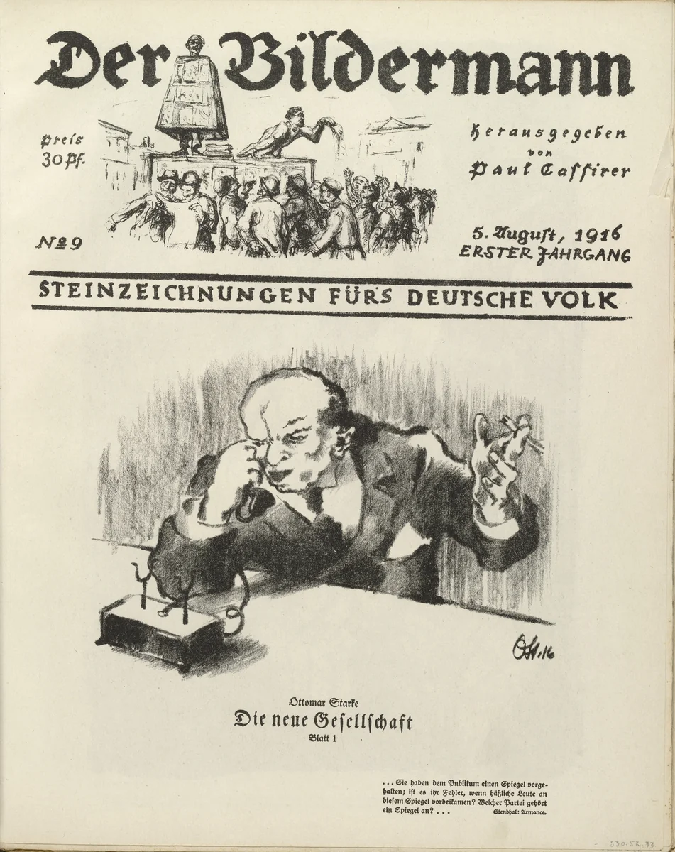 The New Society: Plate 1 (Die neue Gesellschaft: Blatt 1) (front cover, folio 18) from the periodical Der Bildermann, vol. 1, no. 9 (August 1916) by Ottomar Starke, periodical, 1916