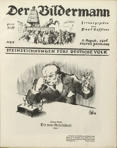 The New Society: Plate 1 (Die neue Gesellschaft: Blatt 1) (front cover, folio 18) from the periodical Der Bildermann, vol. 1, no. 9 (August 1916) by Ottomar Starke, periodical, 1916