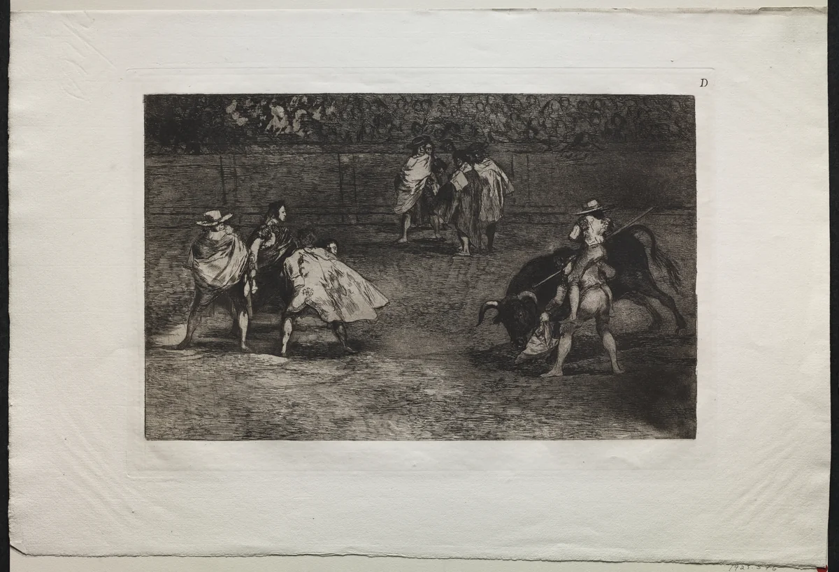 Bullfights: A Bullfighter Mounted on the Shoulders of an Assistant, Spearing a Bull by Francisco de Goya, print, 1816-1876