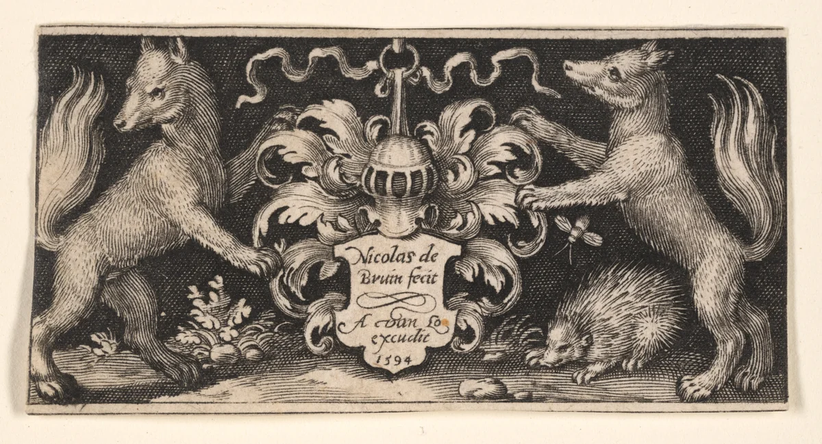 Title Plate with Two Foxes, from Fighting Chimeras and Scenes from Aesop's Fables by Nicolaes de Bruyn, print, 1594
