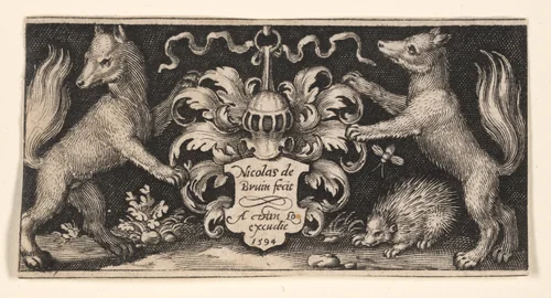 Title Plate with Two Foxes, from Fighting Chimeras and Scenes from Aesop's Fables by Nicolaes de Bruyn, print, 1594