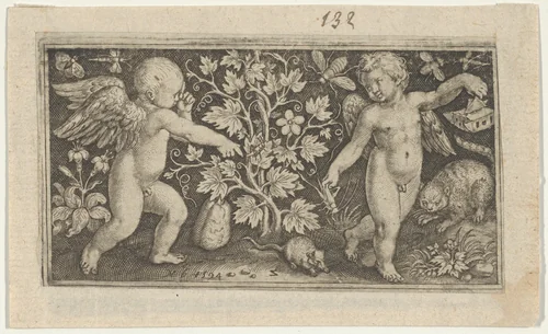 Two Genii with a Cat and a Rat by Nicolaes de Bruyn, print, 1594