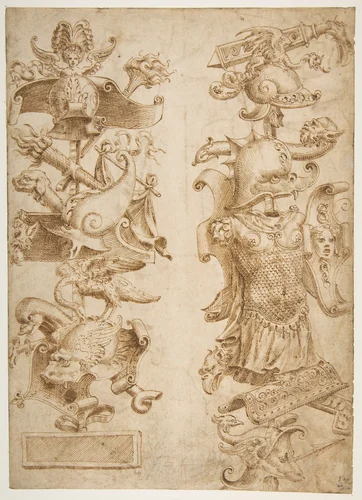 Designs for Ornamental Military Trophies (recto and verso) by Enea Vico, drawing, 1535-1575