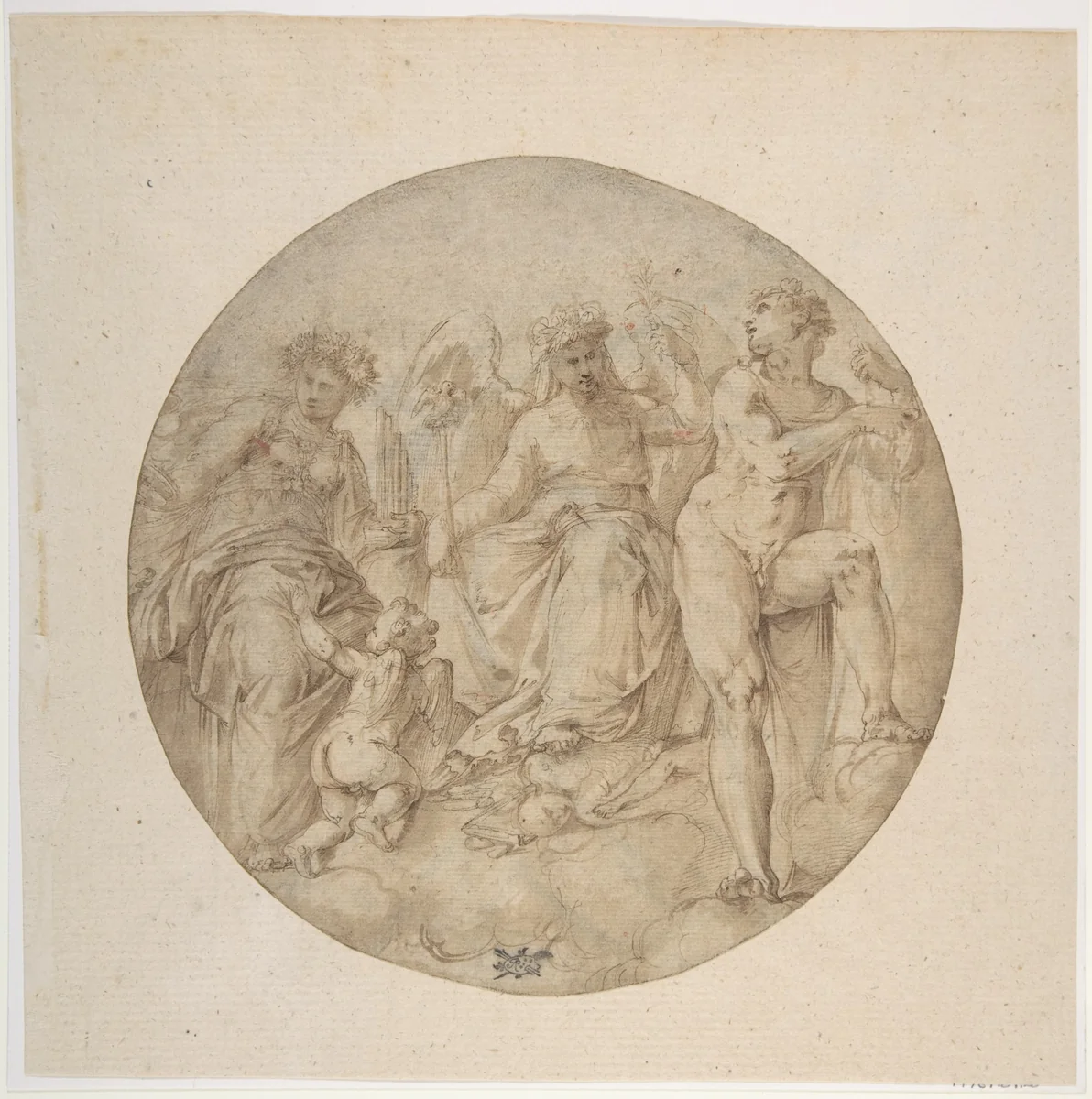 Three Allegorical Figures in a Roundel by Battista Franco, drawing, 1510-1561