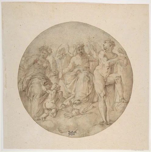 Three Allegorical Figures in a Roundel by Battista Franco, drawing, 1510-1561