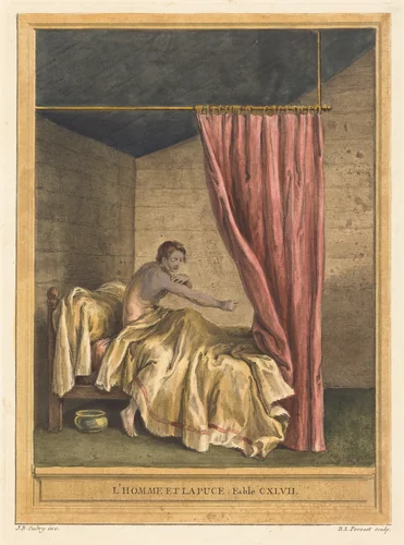 L'homme et la puce (The Man with Fleas) by Benoît-Louis Prévost; Jean-Baptiste Oudry, print, 1756