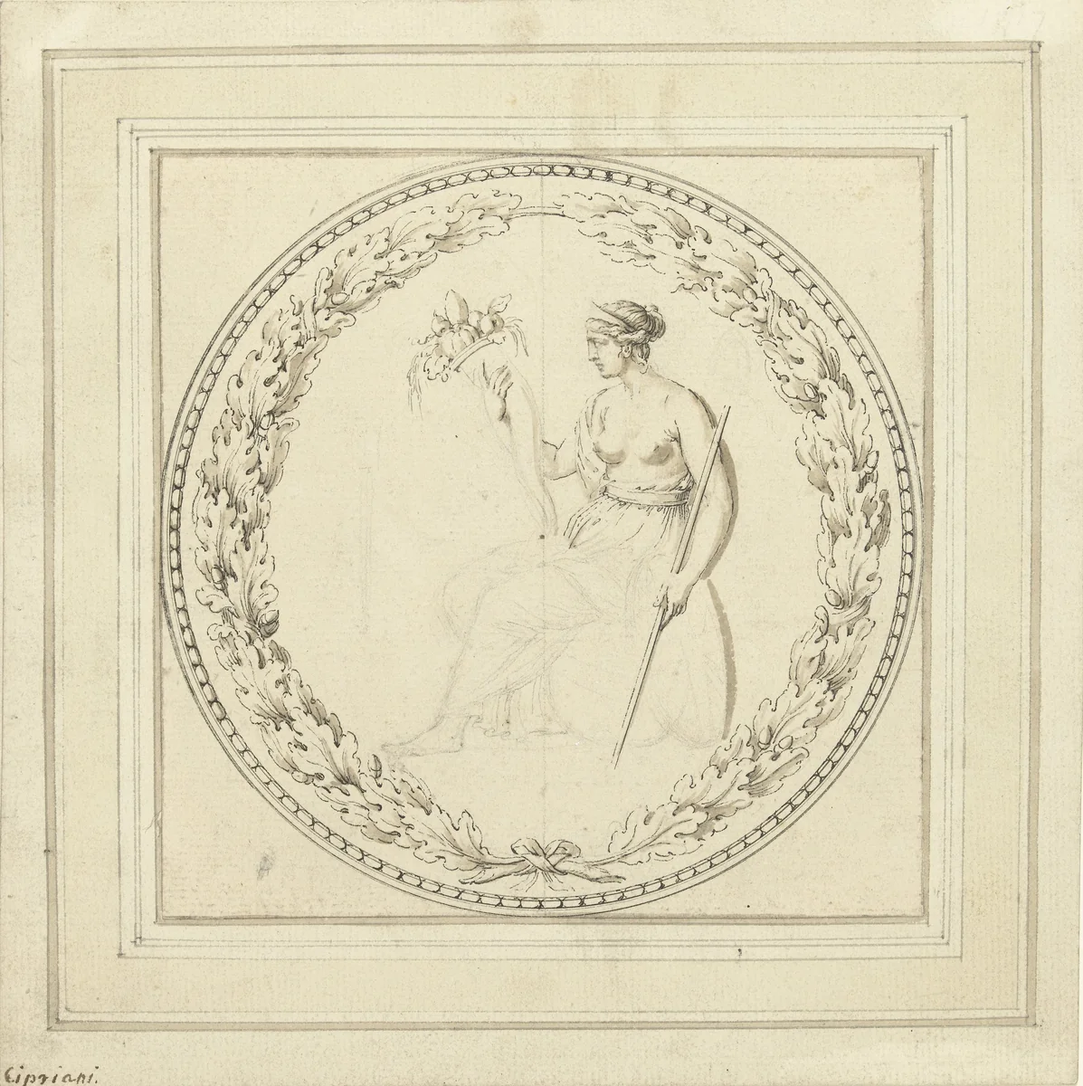 Zittende vrouw met hoorn van overvloed by A. Cipriani, drawing, 1700-1800