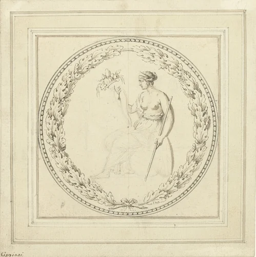Zittende vrouw met hoorn van overvloed by A. Cipriani, drawing, 1700-1800