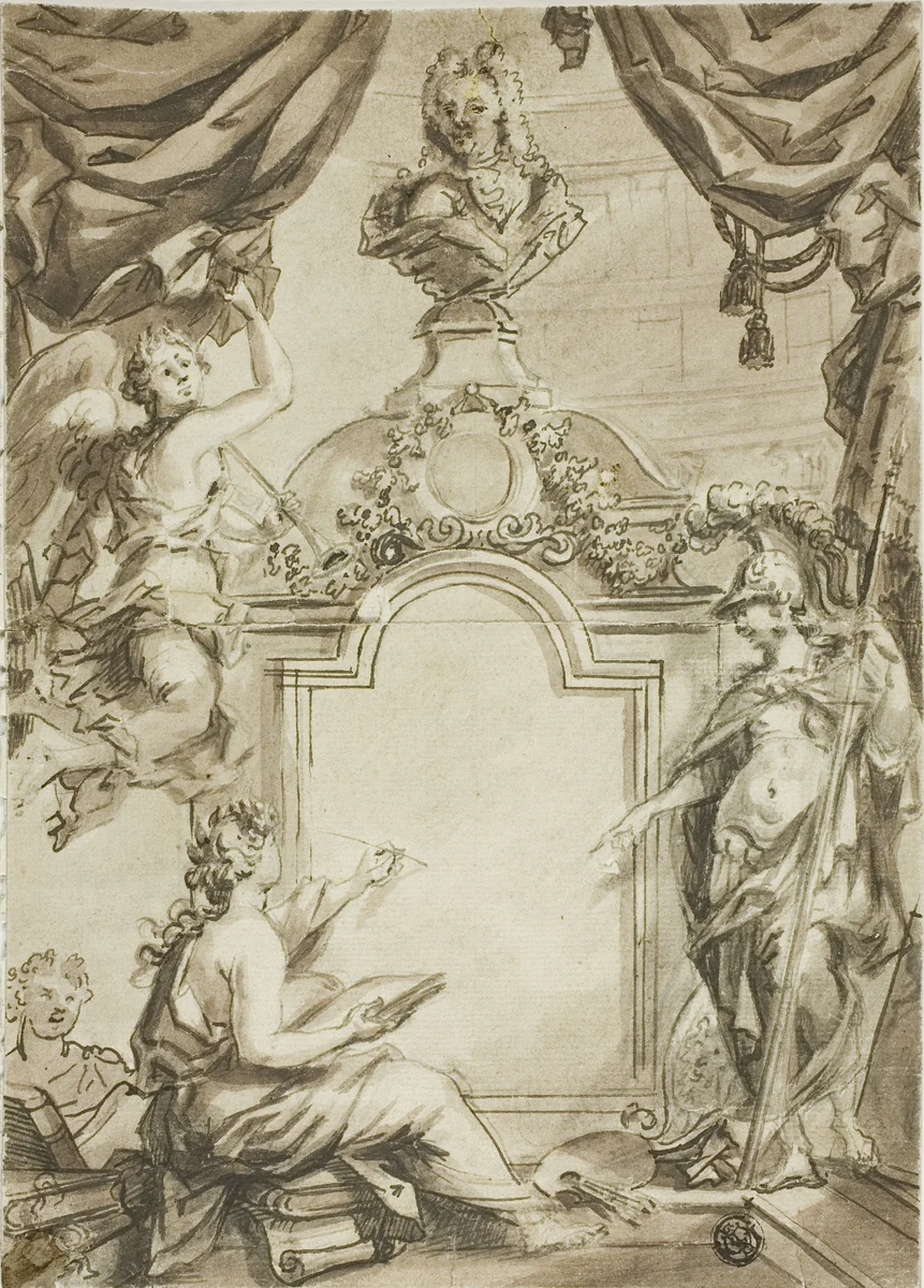 Design for Title page: Clio Taking Dictation from Minerva by Gerard de Lairesse, drawing, 1660-1711