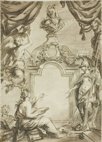 Design for Title page: Clio Taking Dictation from Minerva by Gerard de Lairesse, drawing, 1660-1711
