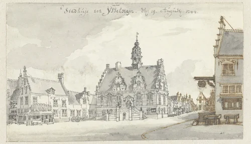 Gezicht op het stadhuis van IJsselstein by Jan de Beijer, drawing, 1744