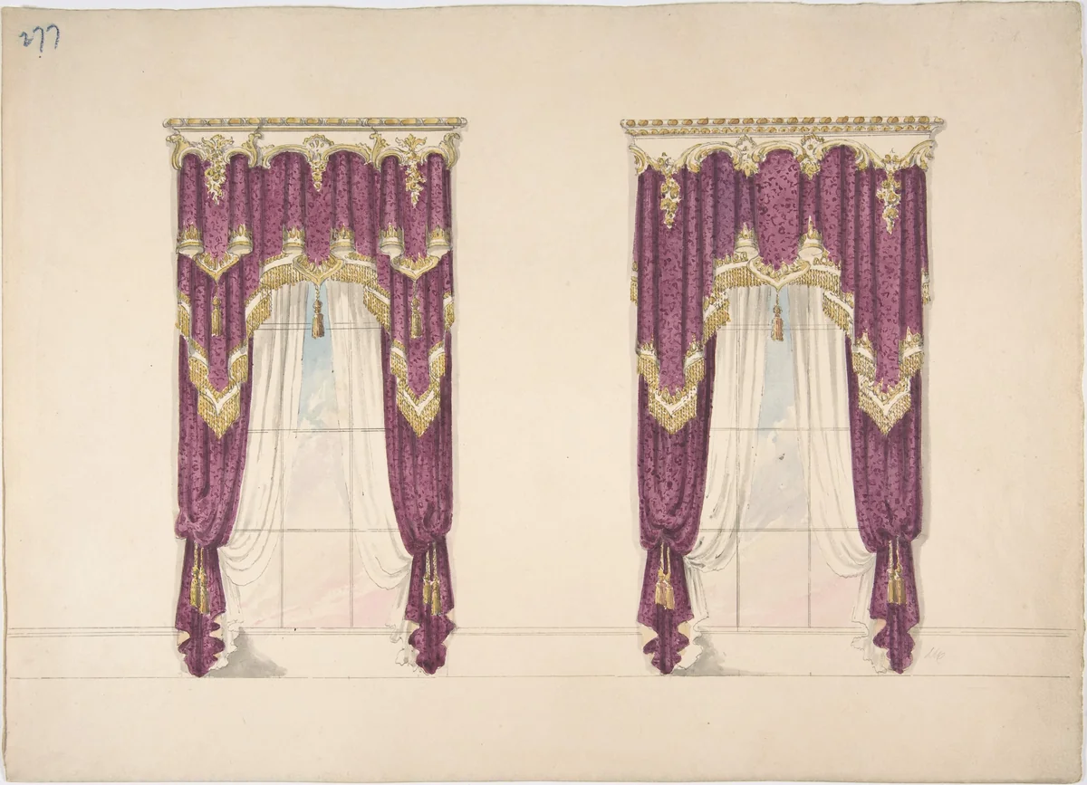 Design for Purple Curtains with Gold Fringes and a Gold and White Pediment by anonymous, drawing, 1800-1850