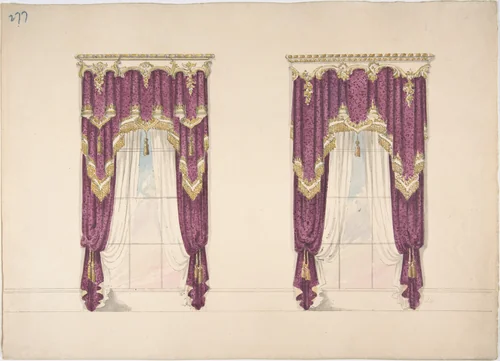 Design for Purple Curtains with Gold Fringes and a Gold and White Pediment by anonymous, drawing, 1800-1850