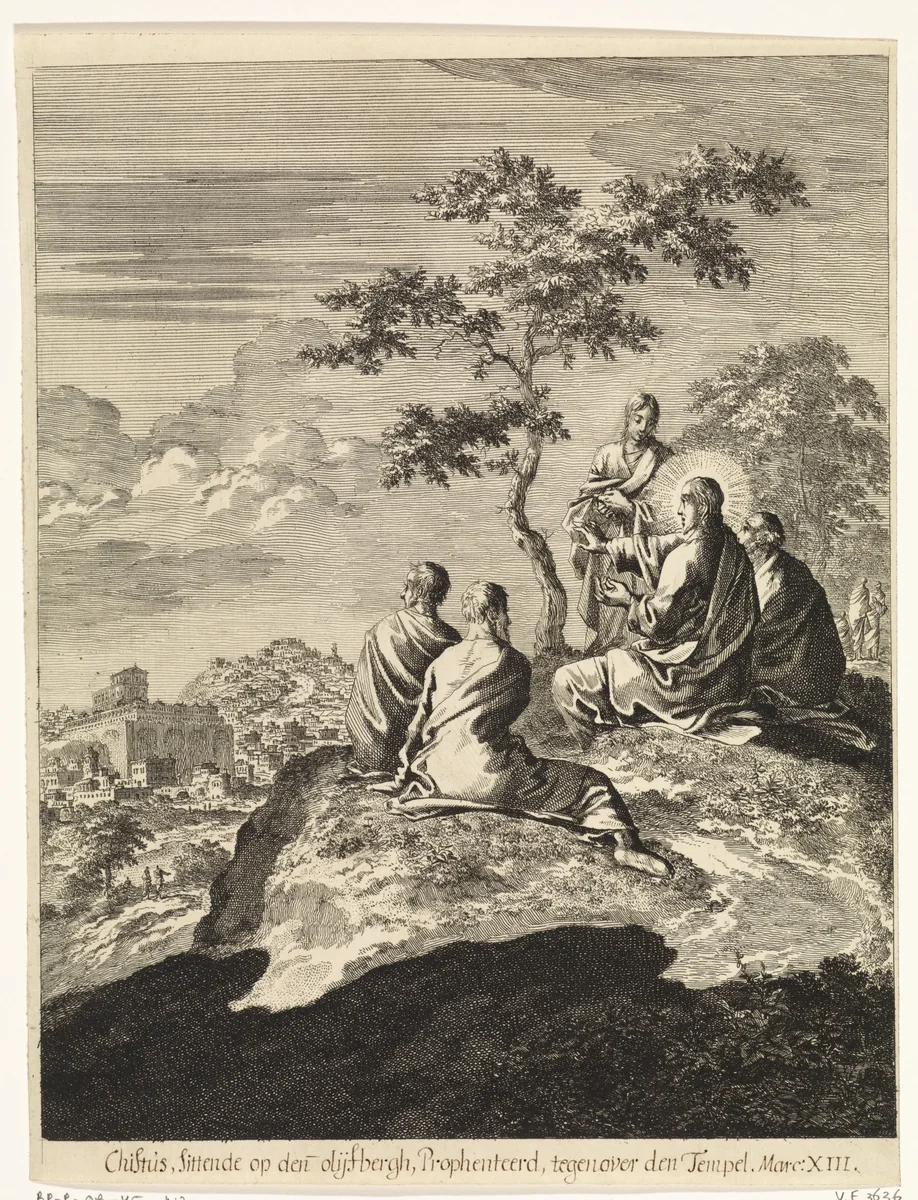 Christus spreekt met Petrus, Jakobus, Johannes en Andreas op de olijfberg by Jan Luyken, print, 1708