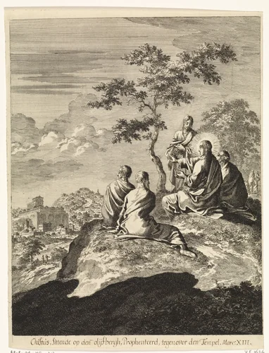 Christus spreekt met Petrus, Jakobus, Johannes en Andreas op de olijfberg by Jan Luyken, print, 1708