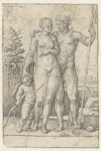 Paris, Oenone en Cupido by Heinrich Aldegrever, drawing, 1550