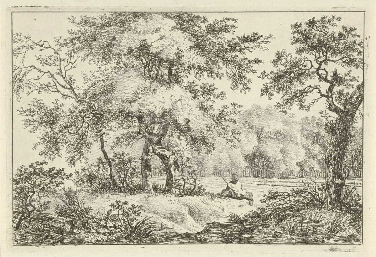 Rustende man in bos by Hermanus Fock, print, 1781-1822