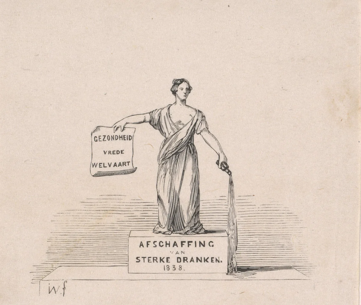 Allegorische vrouwfiguur een fles drank leeggietend en een papier ophoudend met daarop 'gezondheid vrede welvaart' by Isaac Weissenbruch, print, 1838-1912
