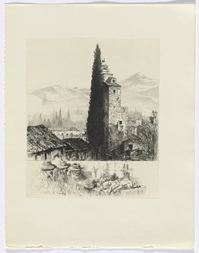 Frédéric Mistral: Mémoires et Recits by Frédéric Mistral: tower in landscape/ man and dead game (insert after p. 200) by Auguste Brouet, other, 1937