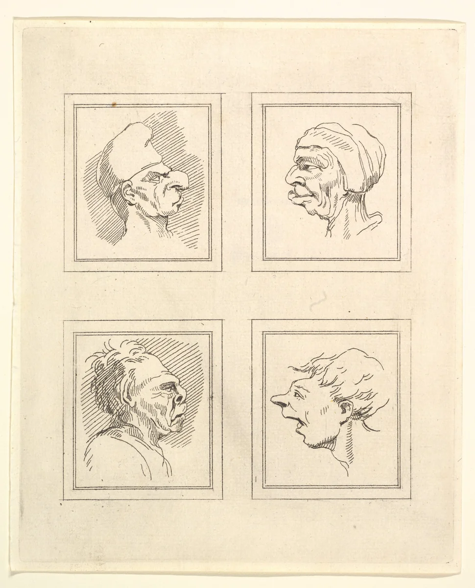 Four Heads (from Characaturas by Leonardo da Vinci, from Drawings by Wenceslaus Hollar, out of the Portland Museum) by Wenceslaus Hollar, print, 1786
