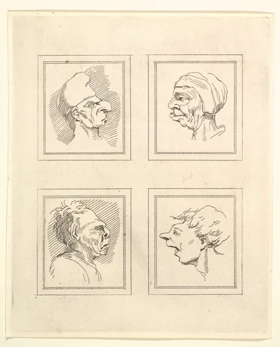 Four Heads (from Characaturas by Leonardo da Vinci, from Drawings by Wenceslaus Hollar, out of the Portland Museum) by Wenceslaus Hollar, print, 1786
