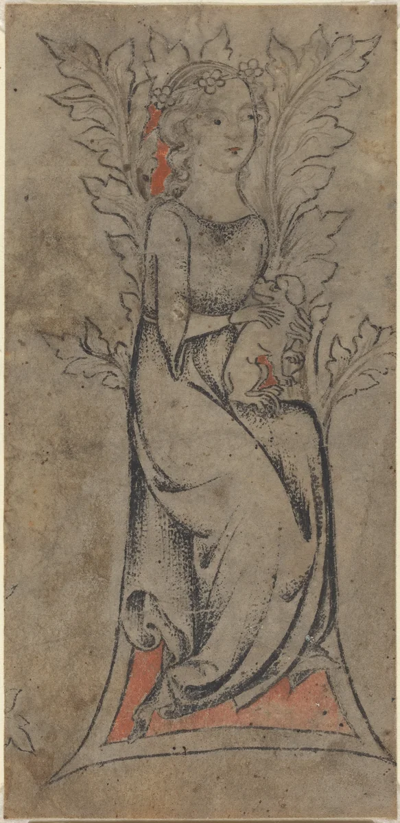 Seated Girl with a Dog by German 14th Century, drawing, 1325