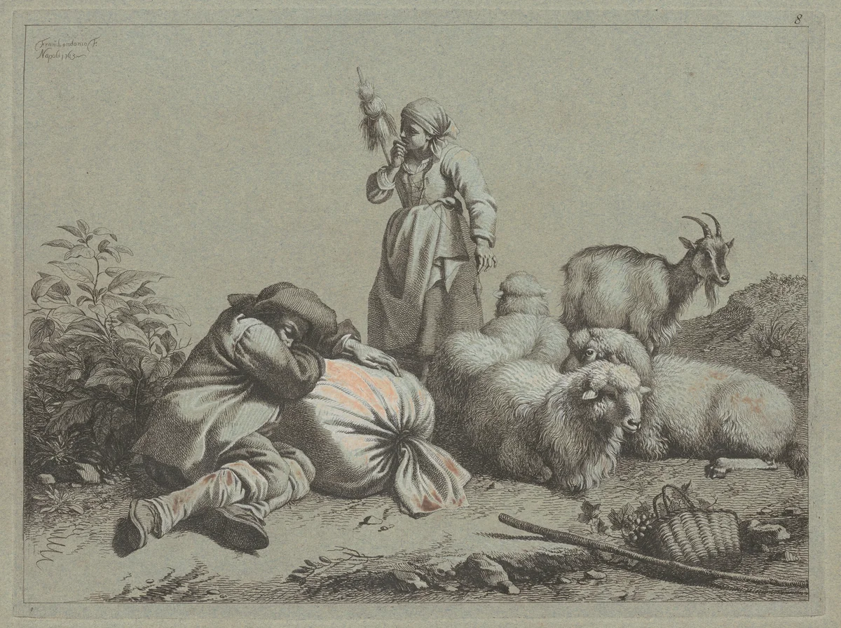 Sleeping Peasant and Standing Spinner by Francesco Londonio, print, 1763