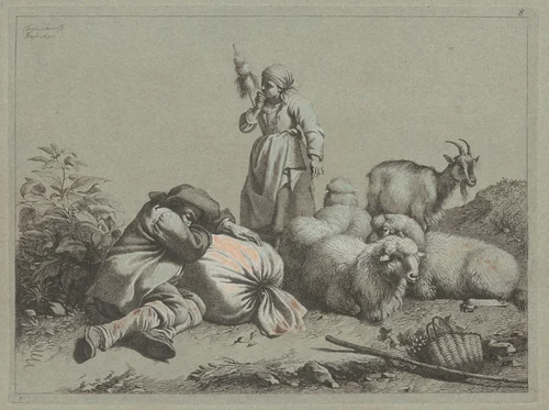 Sleeping Peasant and Standing Spinner by Francesco Londonio, print, 1763