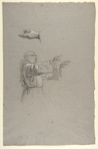 Cleric with Raised Arms (lower register?; study for wall paintings in the Chapel of Saint Remi, Sainte-Clotilde, Paris, 1858) by Isidore Pils, drawing, 1825-1875