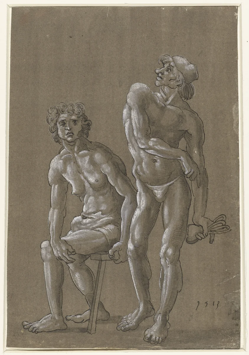 Zittende en een staande naakte jongeling by Unknown, drawing, 1513