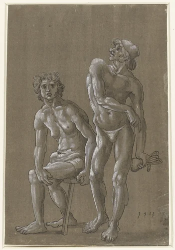 Zittende en een staande naakte jongeling by Unknown, drawing, 1513