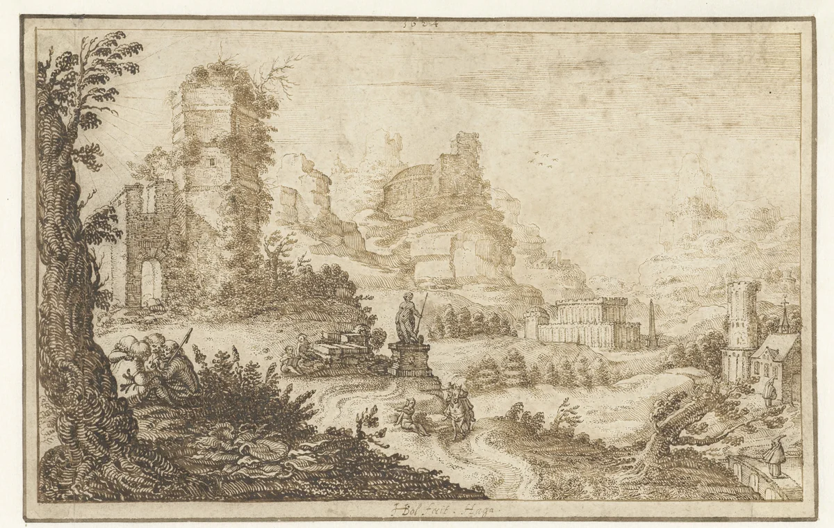 Landschap met ruïnes en een standbeeld by Herman Breckerveld, drawing, 1624
