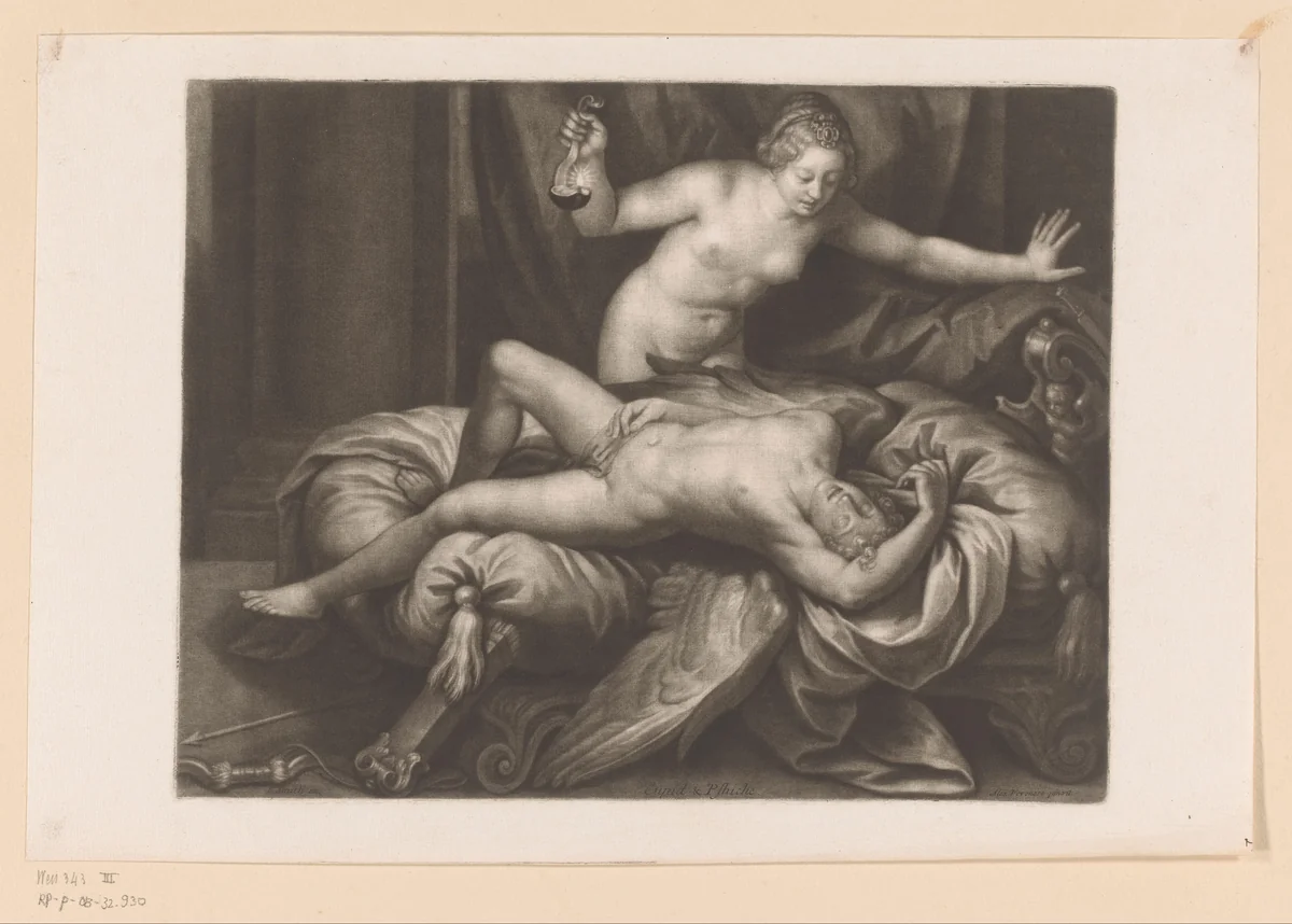 Psyche bekijkt de slapende Cupido by John Smith, print, 1662-1742