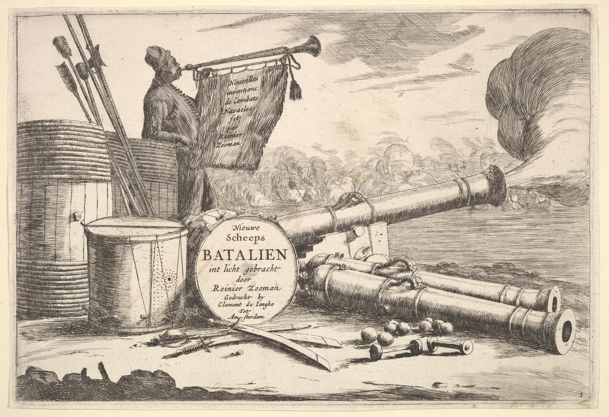 Instruments of Naval Combat, A Sailor Sounding the Trumpet by Reinier Nooms, print, 1635-1670