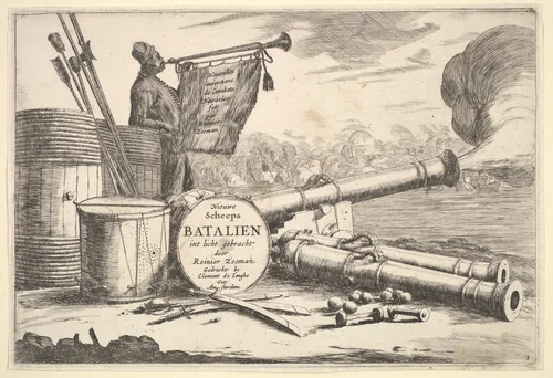 Instruments of Naval Combat, A Sailor Sounding the Trumpet by Reinier Nooms, print, 1635-1670