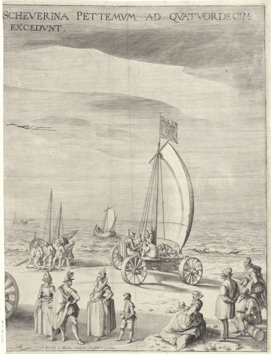 De zeilwagen van Simon Stevin (rechterplaat), 1602 by Willem Isaacsz. van Swanenburg, print, 1603