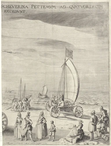 De zeilwagen van Simon Stevin (rechterplaat), 1602 by Willem Isaacsz. van Swanenburg, print, 1603