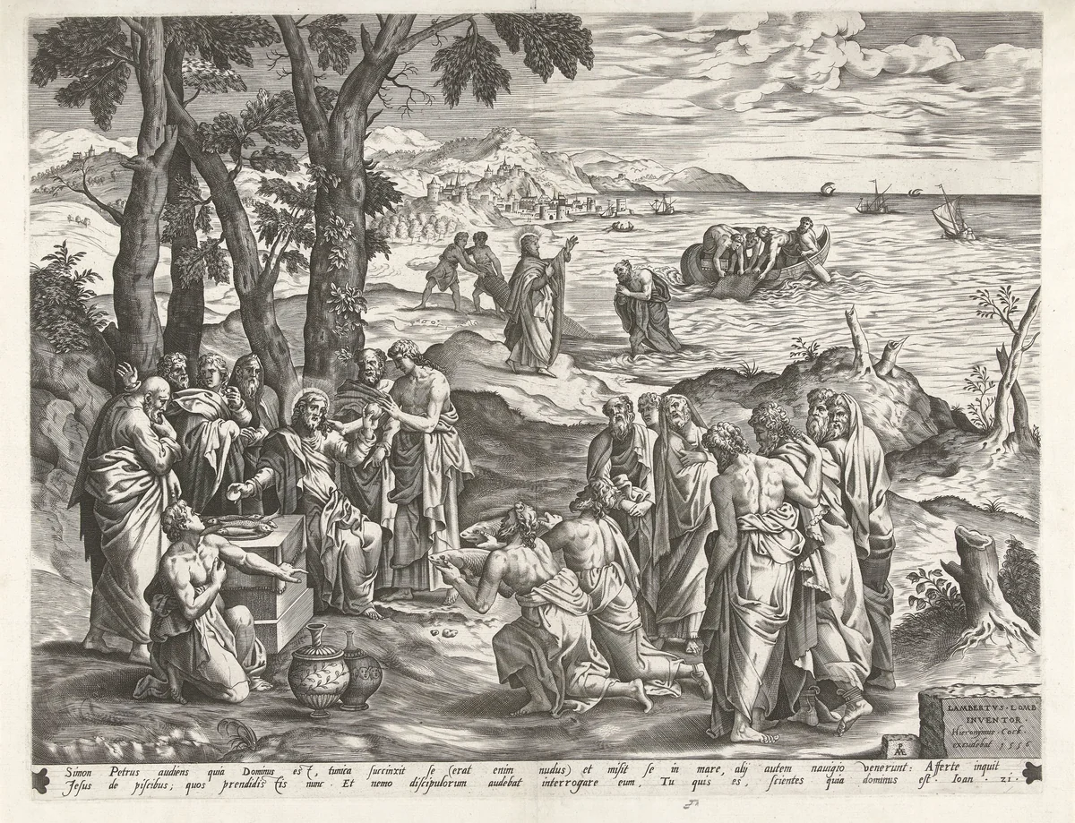 Wonderbare visvangst en maaltijd aan de oever van het meer van Galilea by Unknown, print, 1556