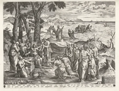 Wonderbare visvangst en maaltijd aan de oever van het meer van Galilea by Unknown, print, 1556