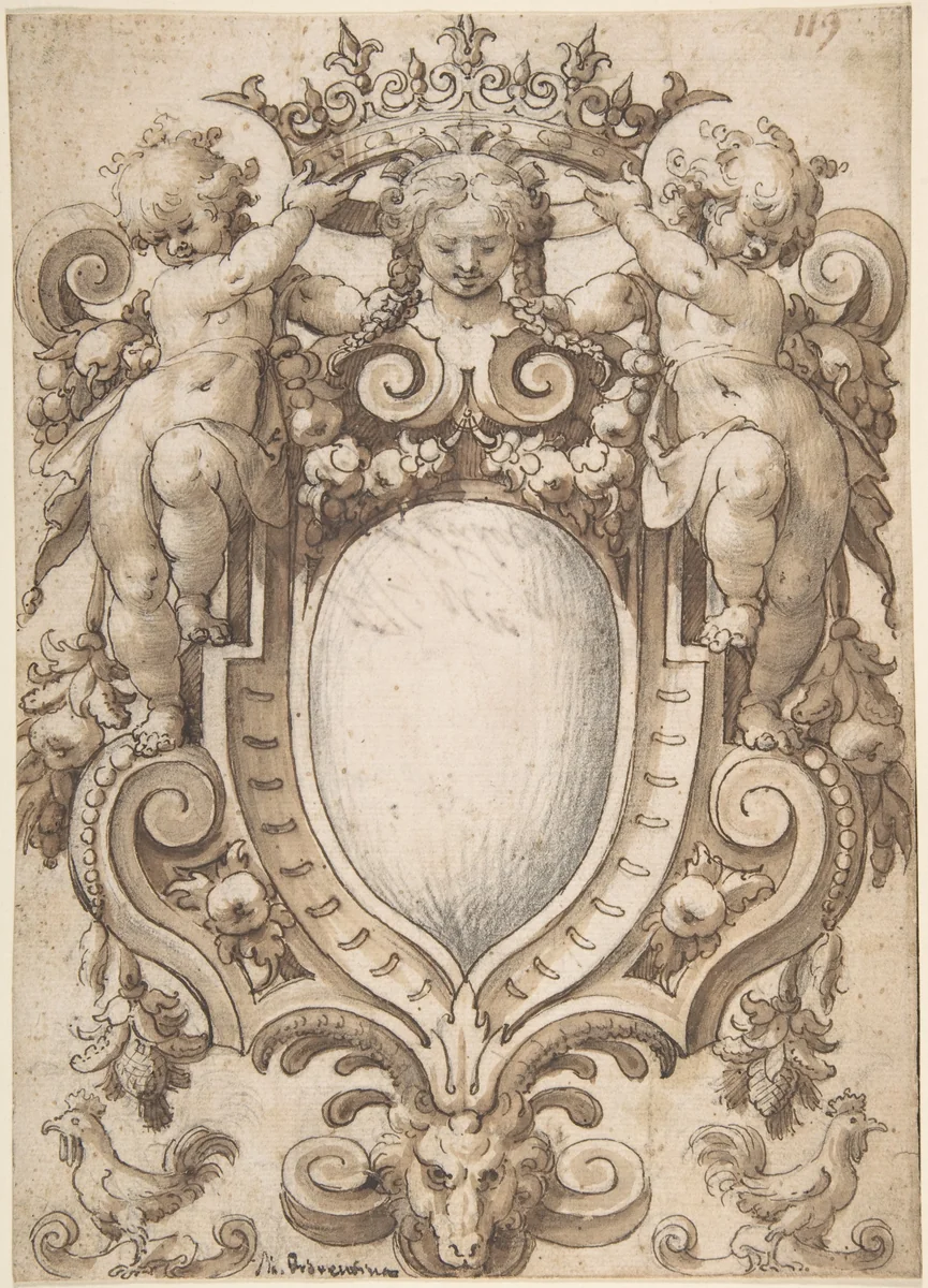 Coat of Arms (blank) with Two Putti Holding a Crown by anonymous, drawing, 1600-1700