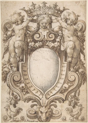 Coat of Arms (blank) with Two Putti Holding a Crown by anonymous, drawing, 1600-1700
