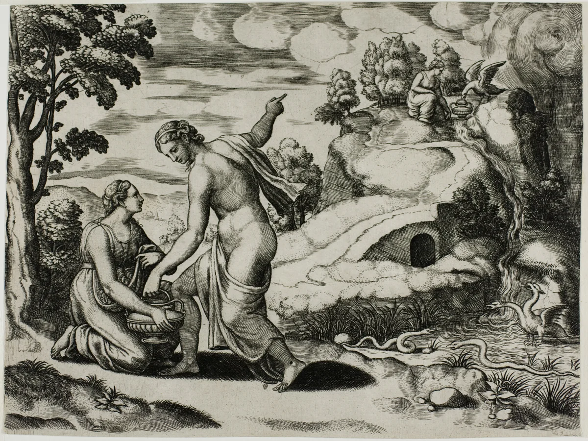Venus Ordering Psyche to Seek Water From a Fountain Guarded by Dragons by Raffaello Sanzio, print, 1530-1540