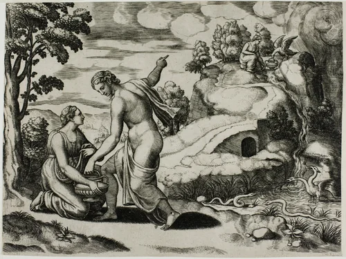 Venus Ordering Psyche to Seek Water From a Fountain Guarded by Dragons by Raffaello Sanzio, print, 1530-1540