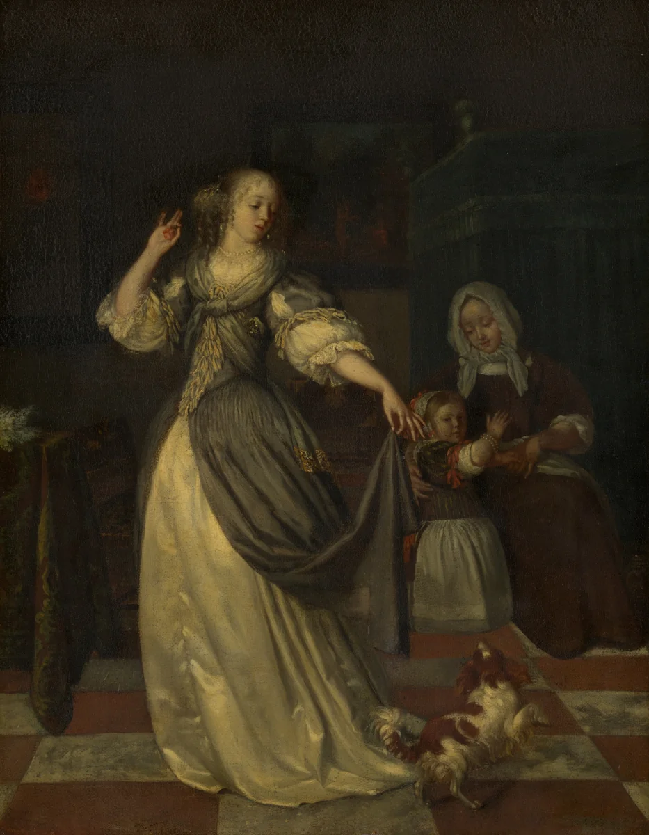 Lady Playing with a Dog by Eglon van der Neer, painting, 1665-1675
