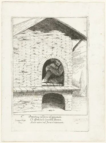 Bertoldo verstopt zich in een oven by Giuseppe Maria Crespi, print, 1710-1715