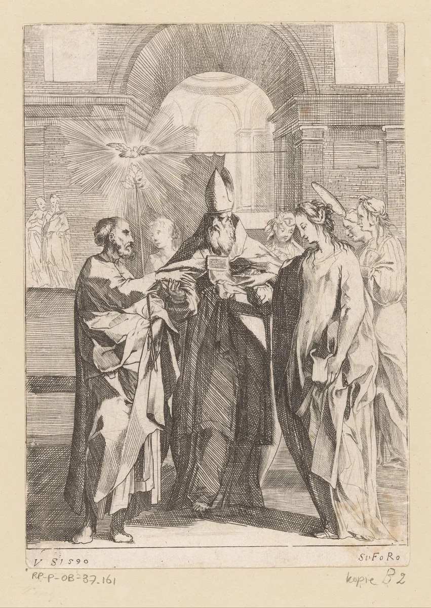 Het huwelijk van Maria met Jozef by anonymous, print, 1590