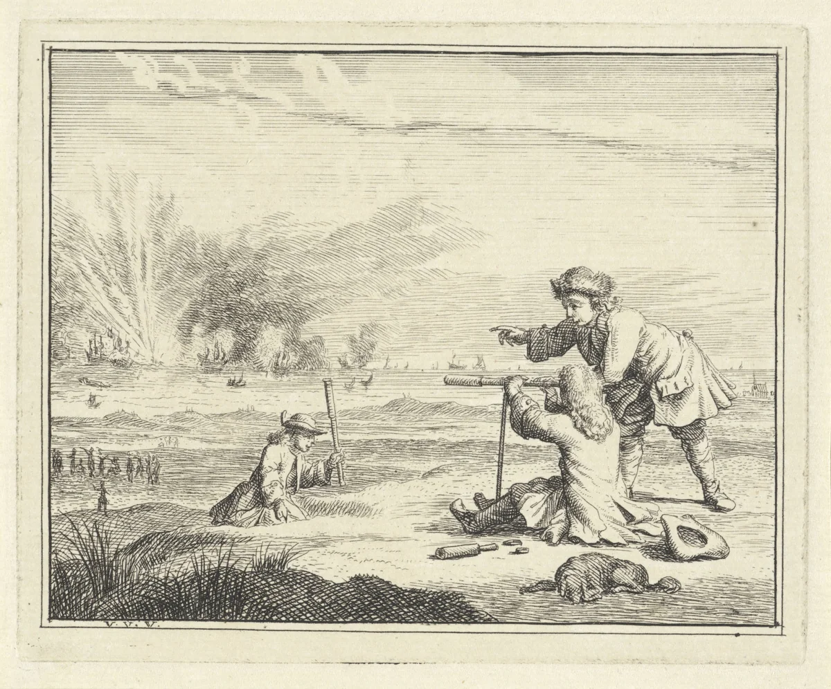 Figuren met een verrekijker slaan een zeeslag gade by Vincent Laurensz. van der Vinne, print, 1714