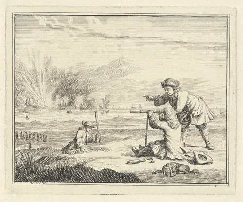 Figuren met een verrekijker slaan een zeeslag gade by Vincent Laurensz. van der Vinne, print, 1714